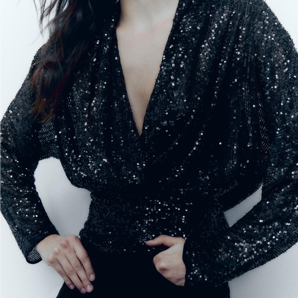 NWT Zara Draped Black Sequin Blouse